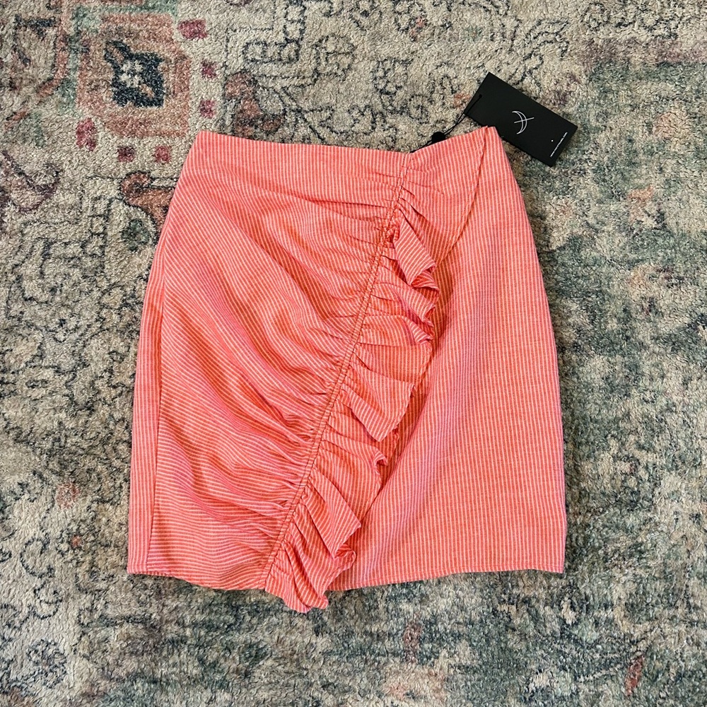 The Fifth Label Coral and White Striped Ruffle Pencil Skirt